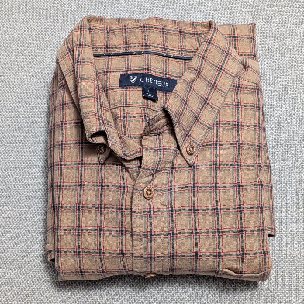 Cremieux Men's Large L Plaid Casual Button Down Long Sleeve Shirt Tan Khaki Red